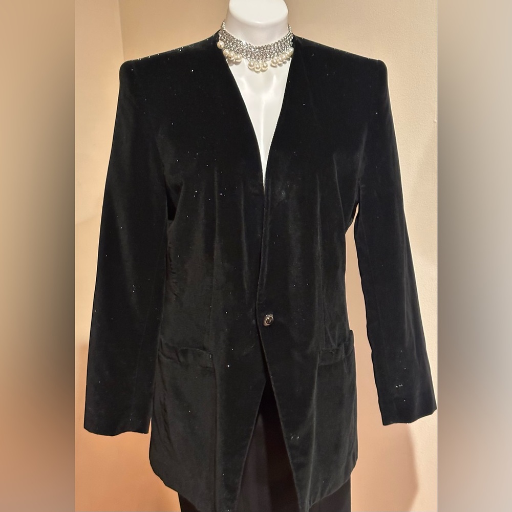 Liz Claiborne Vintage  Black Velvet Shimmery 1 Button Blazer Jacket Sz 12